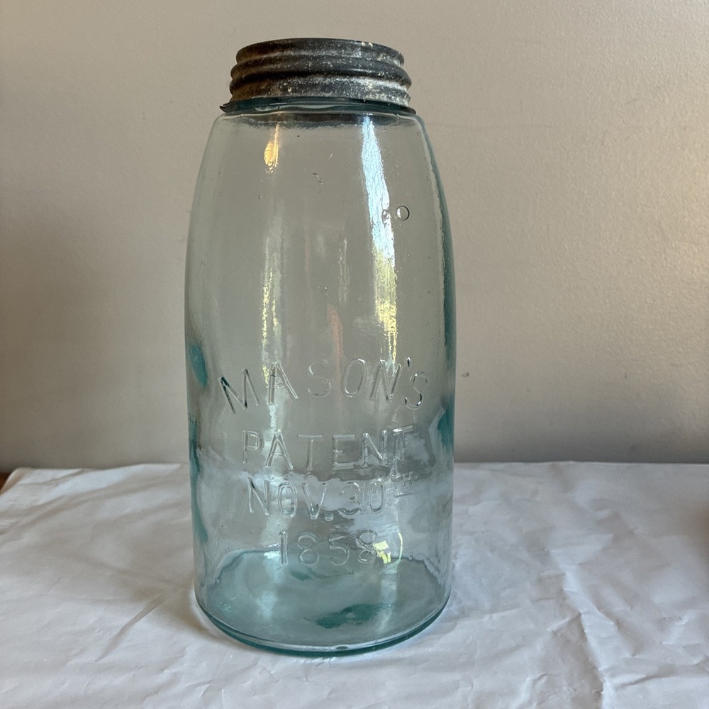 Antique AQUA Mason's Patent Nov 30 1858 Half Gallon Jar w/ ATLAS Zinc Lid